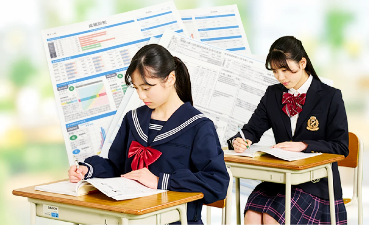 学力診断テストを受ける生徒と成績診断の結果