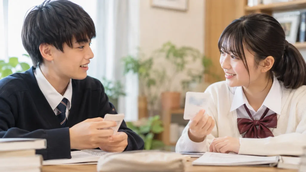 単語帳で問題を出し合う中学生2人