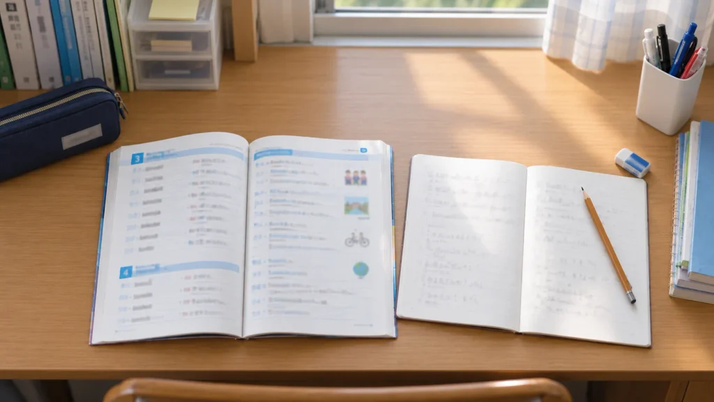 開かれた英単語帳とノートが机に置かれている様子