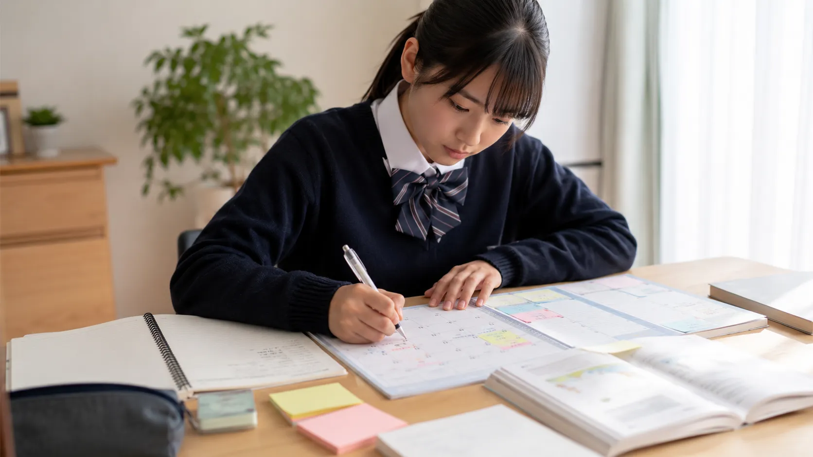 テスト勉強の予定をカレンダーに書き込む中学生