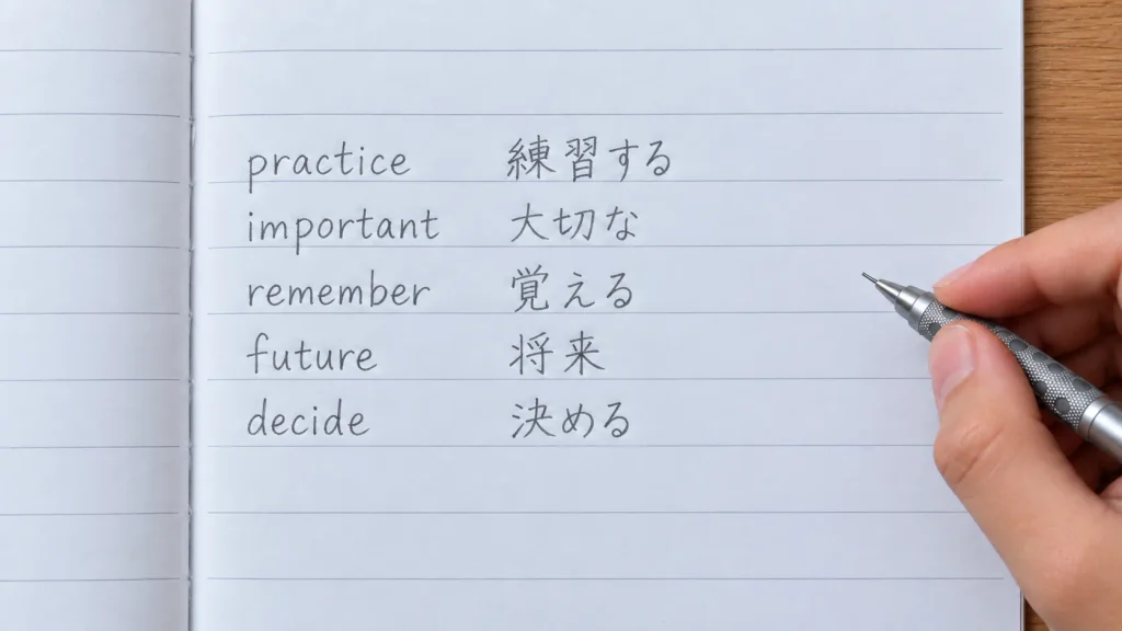 英単語と日本語の意味を1行ずつセットで書いたノートの例