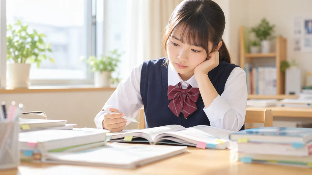 5教科の問題集を前に手が止まっている中学生