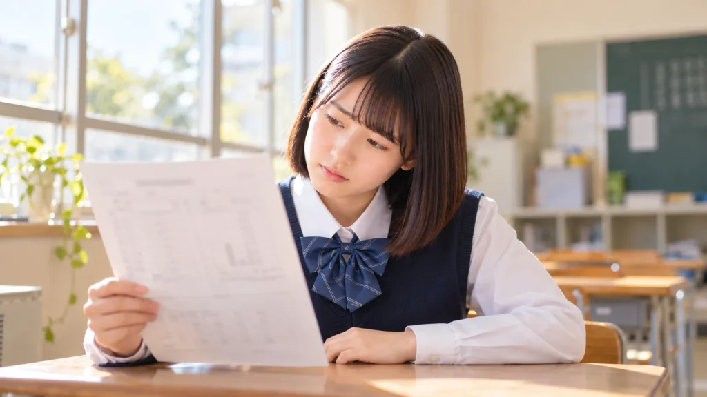 模試の成績表を見て首をかしげている中学生