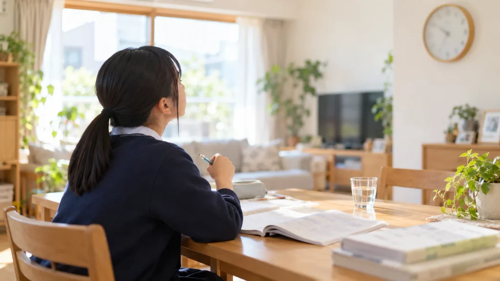 勉強の手を止めて壁の時計を見上げている中学生
