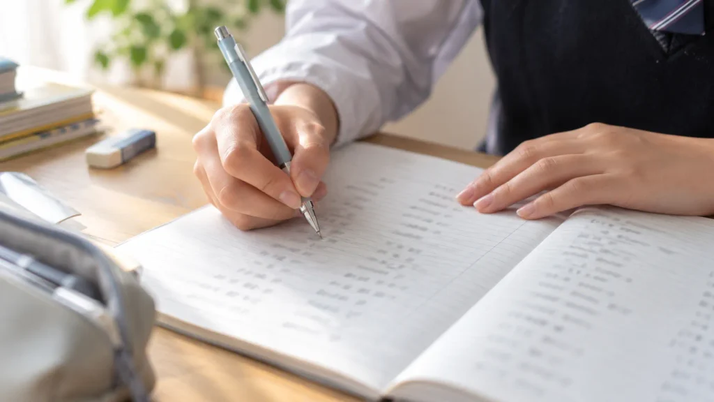 ノートに英語と日本語を並べて書いている中学生の手元