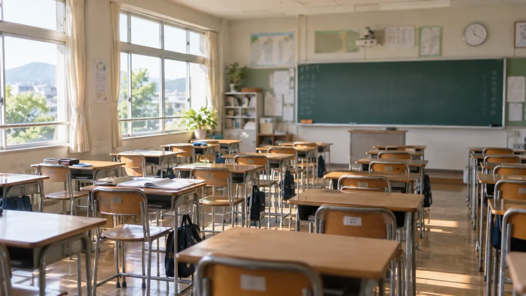 窓から自然光が差し込む中学校の教室