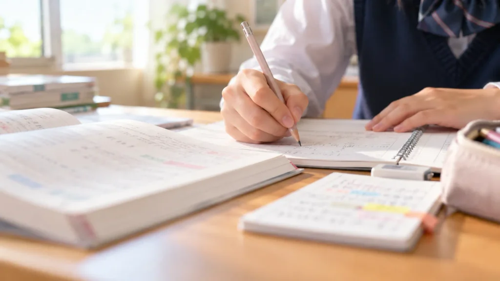 ワークを開いて取り組む単元を書き出す中学生の手元