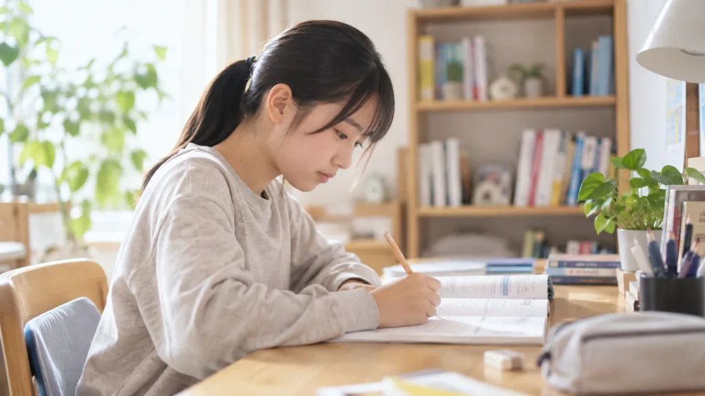 自宅の机でワークに取り組む中学生
