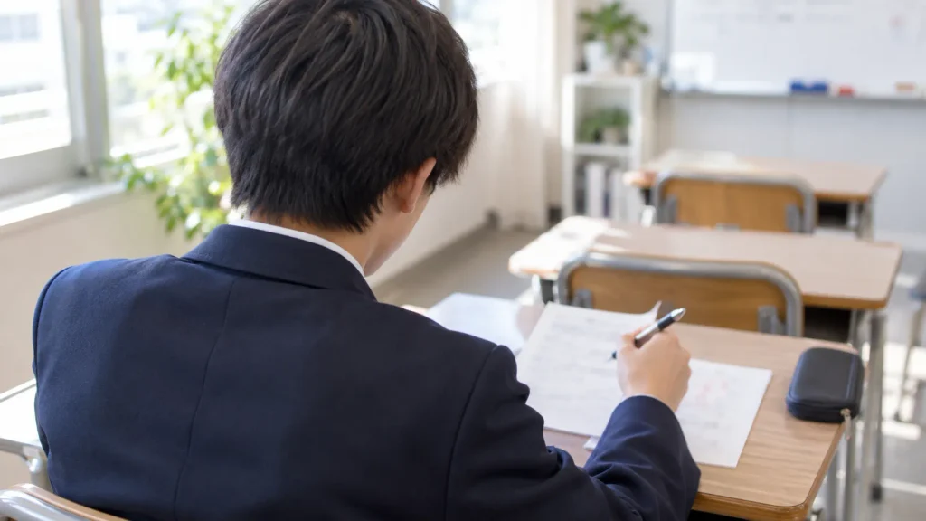 返却された答案を前に手が止まっている中学生
