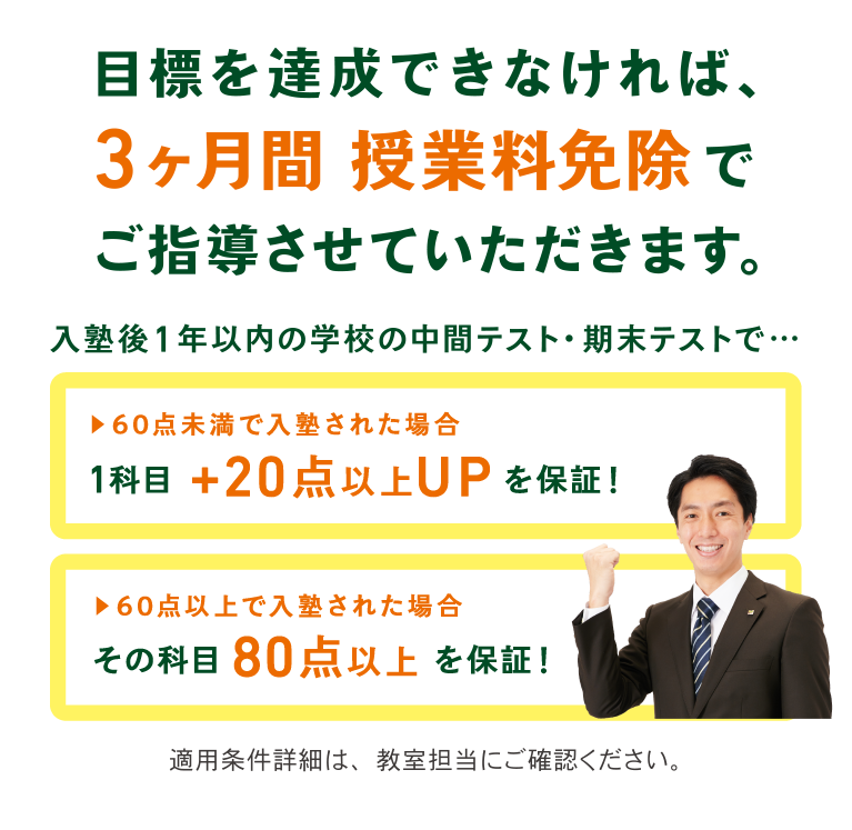 目標を達成できなければ、３ヶ月間授業料免除でご指導させていただきます