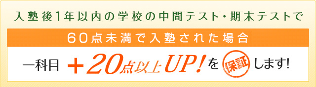 入塾後１年以内の学校の中間テスト・期末テストで、60点未満で入塾された場合、一科目＋20点以上UPを保証します。