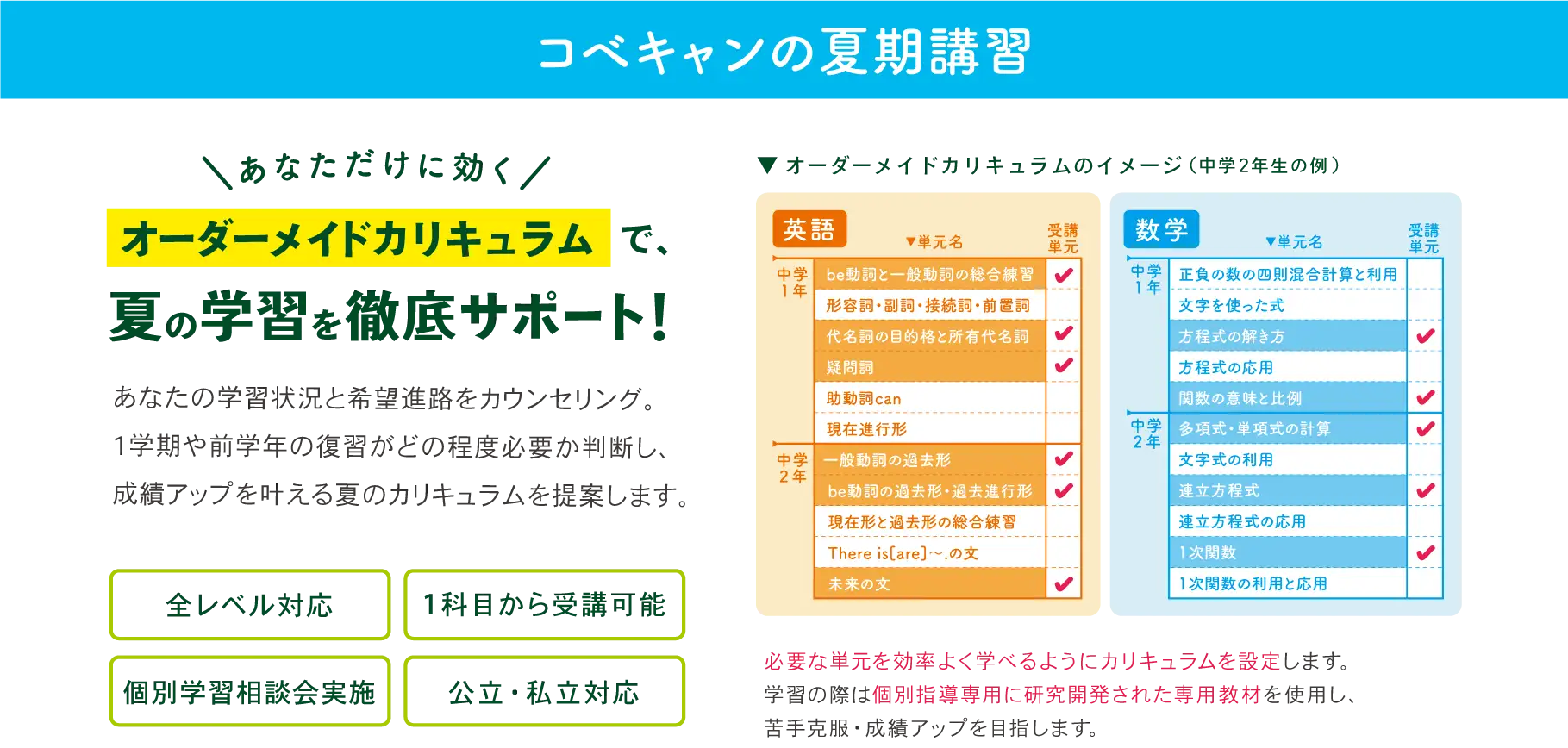 コベキャンの夏期講習は、オーダーメイドカリキュラムで夏休みの学習を徹底サポート！