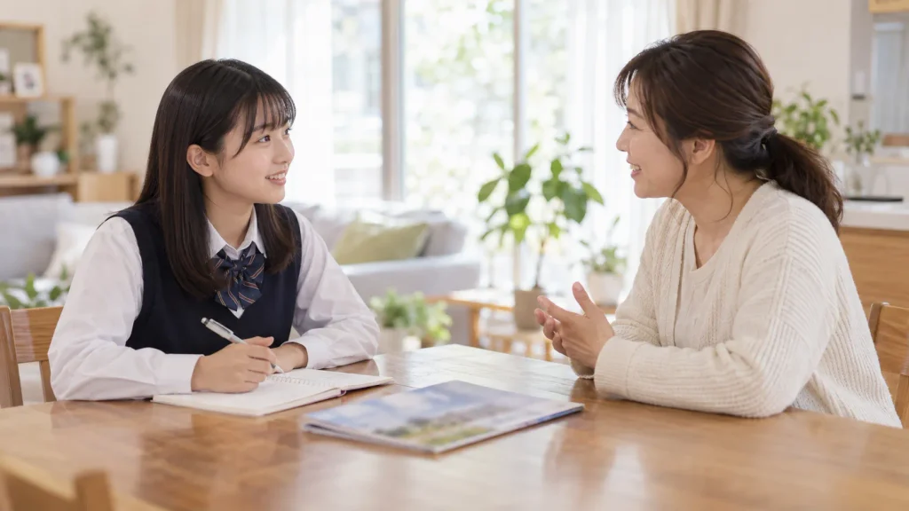 リビングで高校選びについて話す中学生と保護者