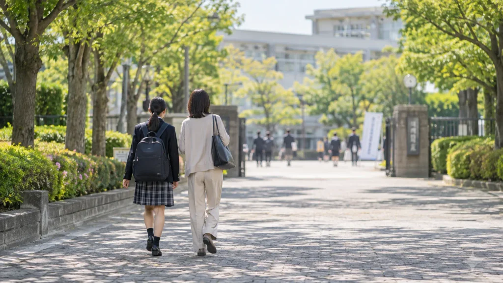 高校の説明会に向かう中学生と保護者の後ろ姿