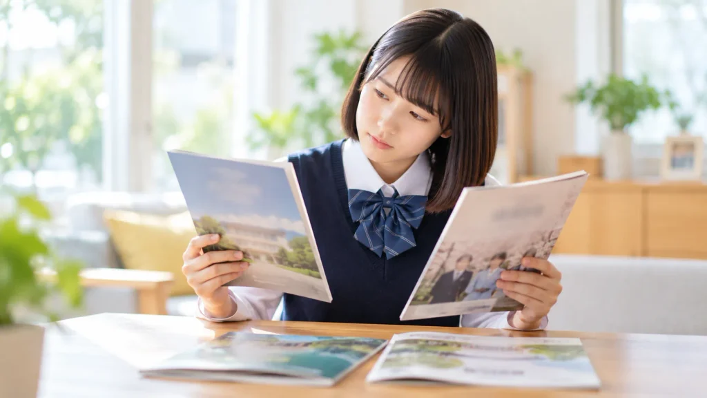 複数の高校の学校案内を見比べて迷う中学生