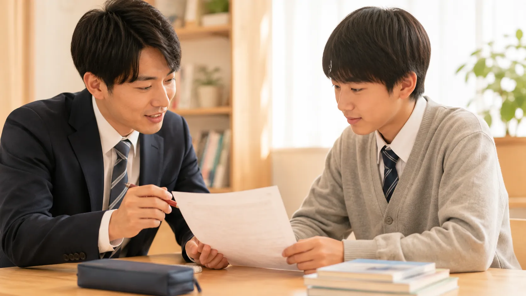 講師と中学生が問題用紙を見ながら話している様子
