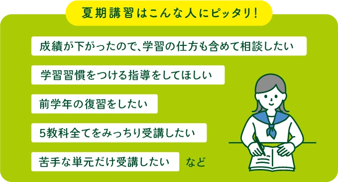 コベキャンの夏期講習は、自宅学習の仕方相談したい人、学習習慣をつけたい人、復習をしたい人などにピッタリです