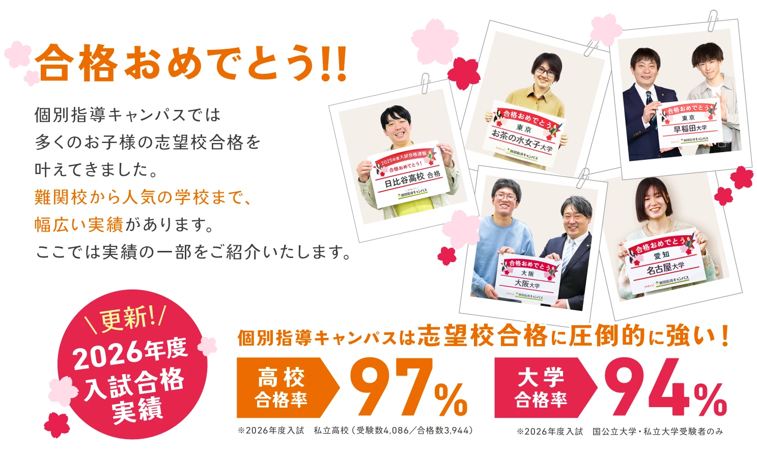 2026年度 個別指導キャンパスの合格実績（関東）。高校合格率97%、大学合格率94%！志望校合格を叶えた生徒たち