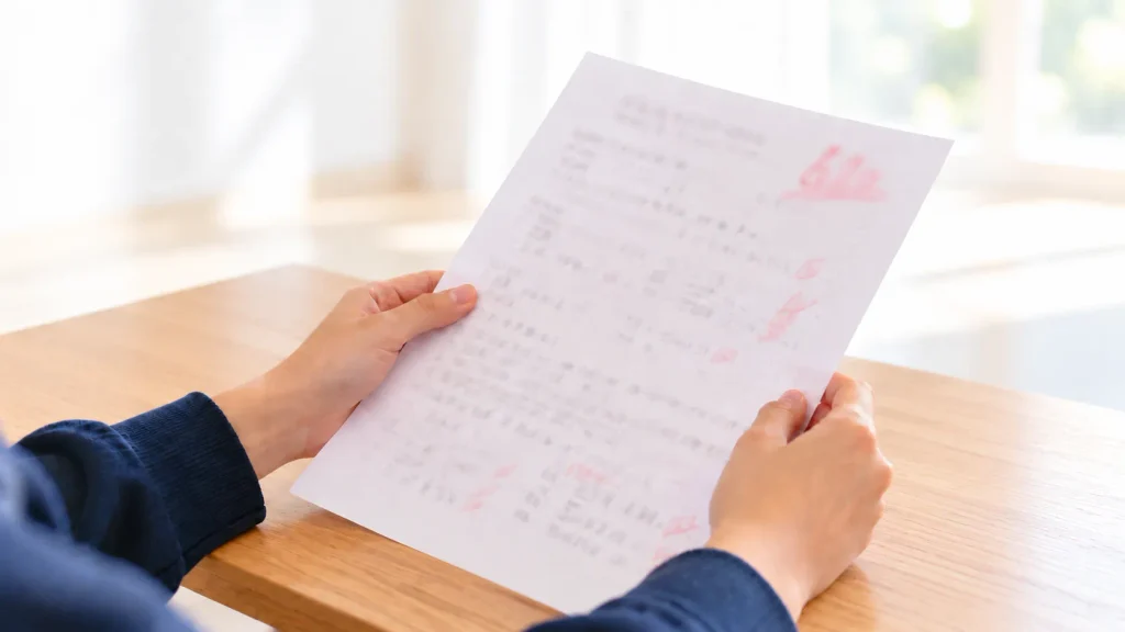 返ってきたテストの答案を見つめる中学生の手元