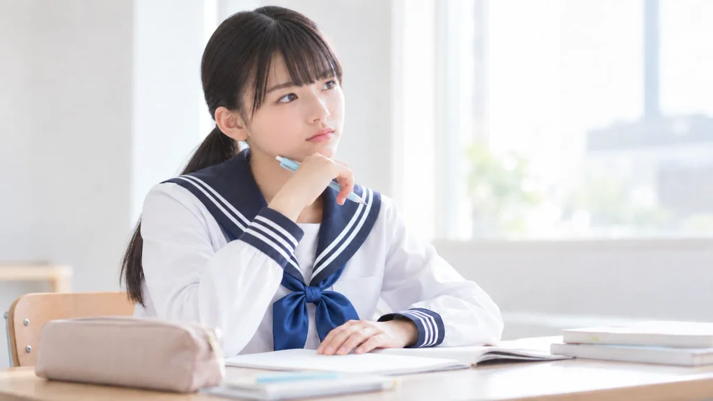 勉強机に向かい、ペンを止めて考える中学生