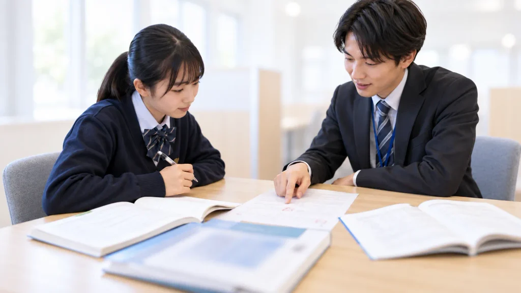 教室で塾の先生と一緒に答案を見直し、勉強方法を相談する中学生