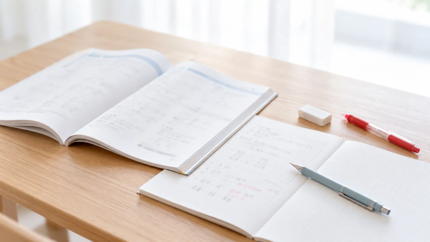 勉強の途中で机に開いたままの問題集とノート