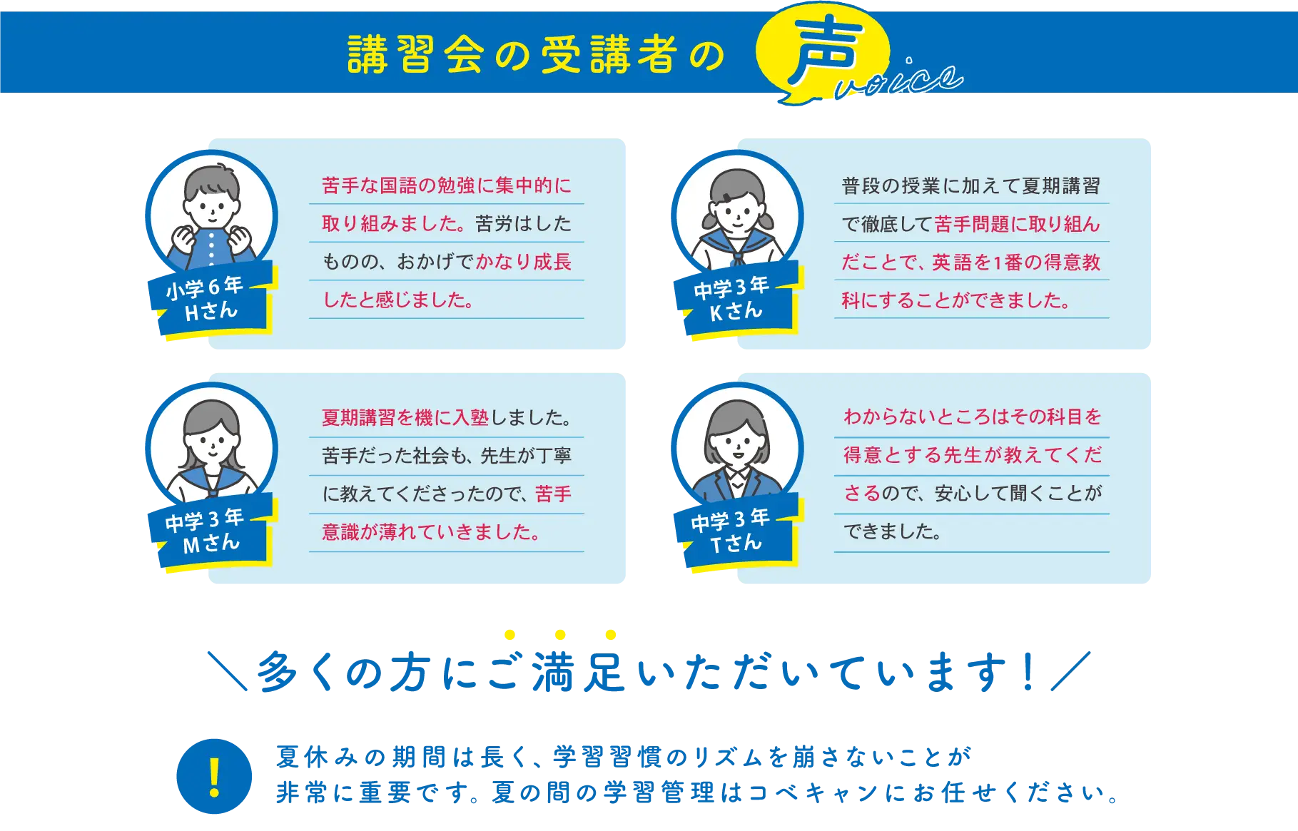 コベキャンの講習会受講者の声です。多くの方にご満足いただいています。